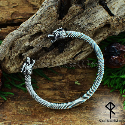 Fenrir Wolf Viking Bracelet, Stainless Steel Norse Arm Ring, Adjustable Wolf Head Cuff