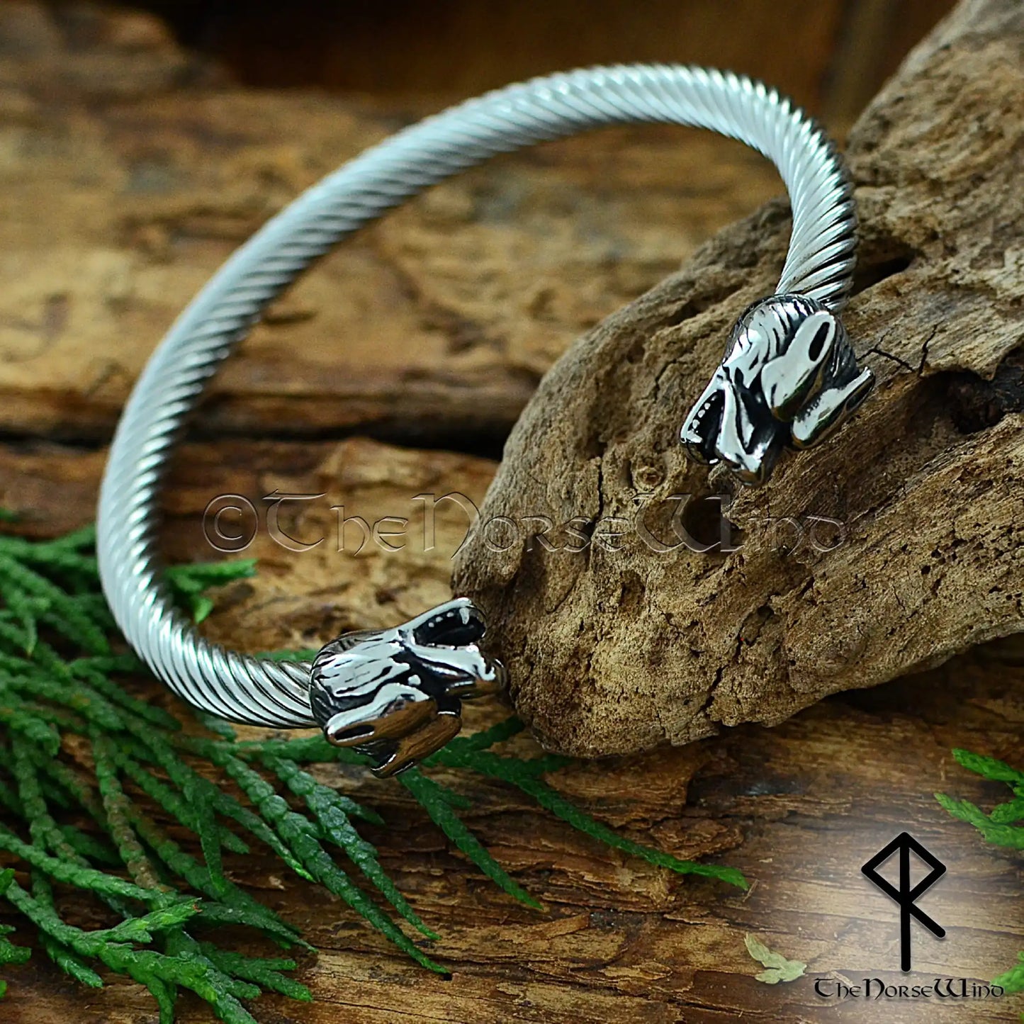 Norse Wolf Head Bracelet, Fenrir Viking Torque Cuff made of Stainless steel