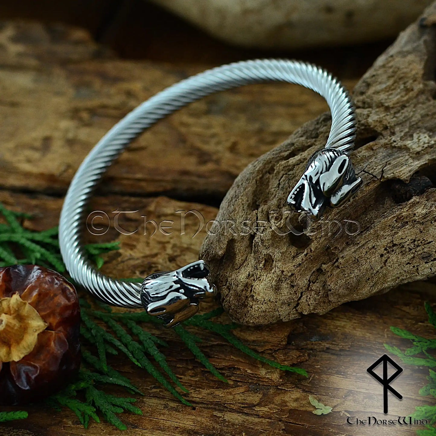 Adjustable Viking wolf bracelet with open torque cuff design, inspired by Fenrir