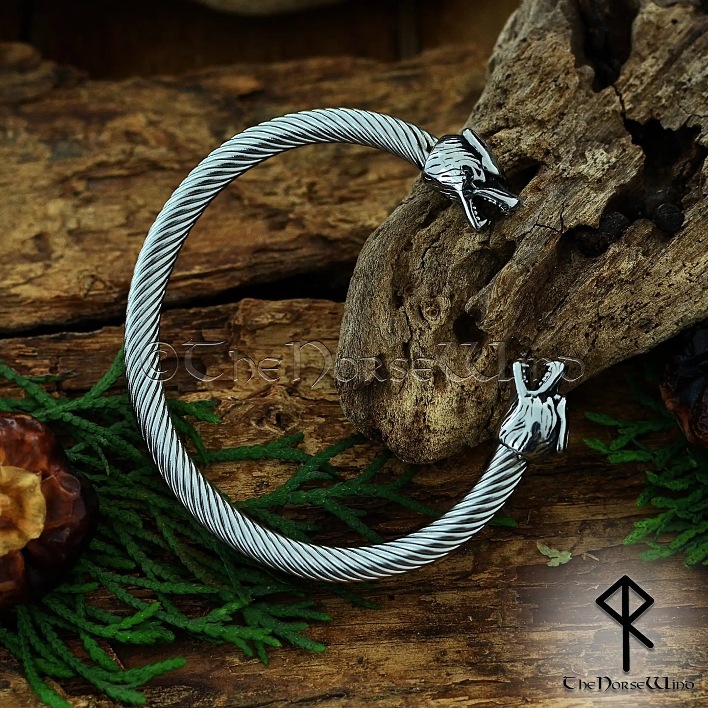 Fenrir wolf viking bracelet, stainless steel adjustable norse arm ring.