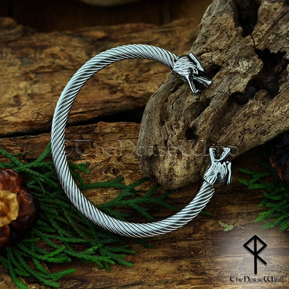 Fenrir wolf viking bracelet, stainless steel adjustable norse arm ring.
