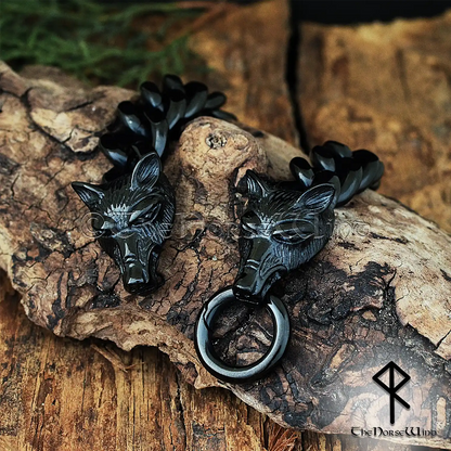Fenrir Wolf Viking Bracelet - Black Stainless Steel Cuban Link Chain