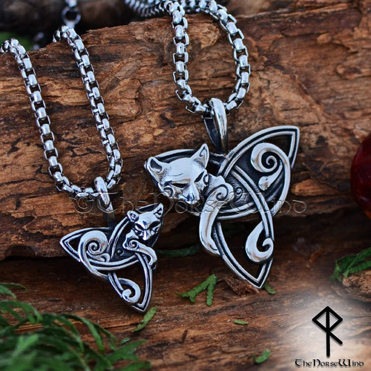 Freya's Cat Viking Necklace, Celtic Triquetra Pendant - Stainless Steel