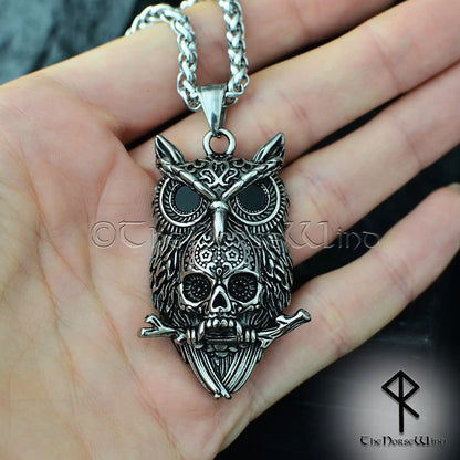 Gothic Owl Skull Necklace, Dark Occult Pendant, Stainless Steel