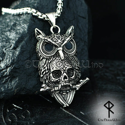 Gothic Owl Skull Necklace, Dark Occult Pendant, Stainless Steel
