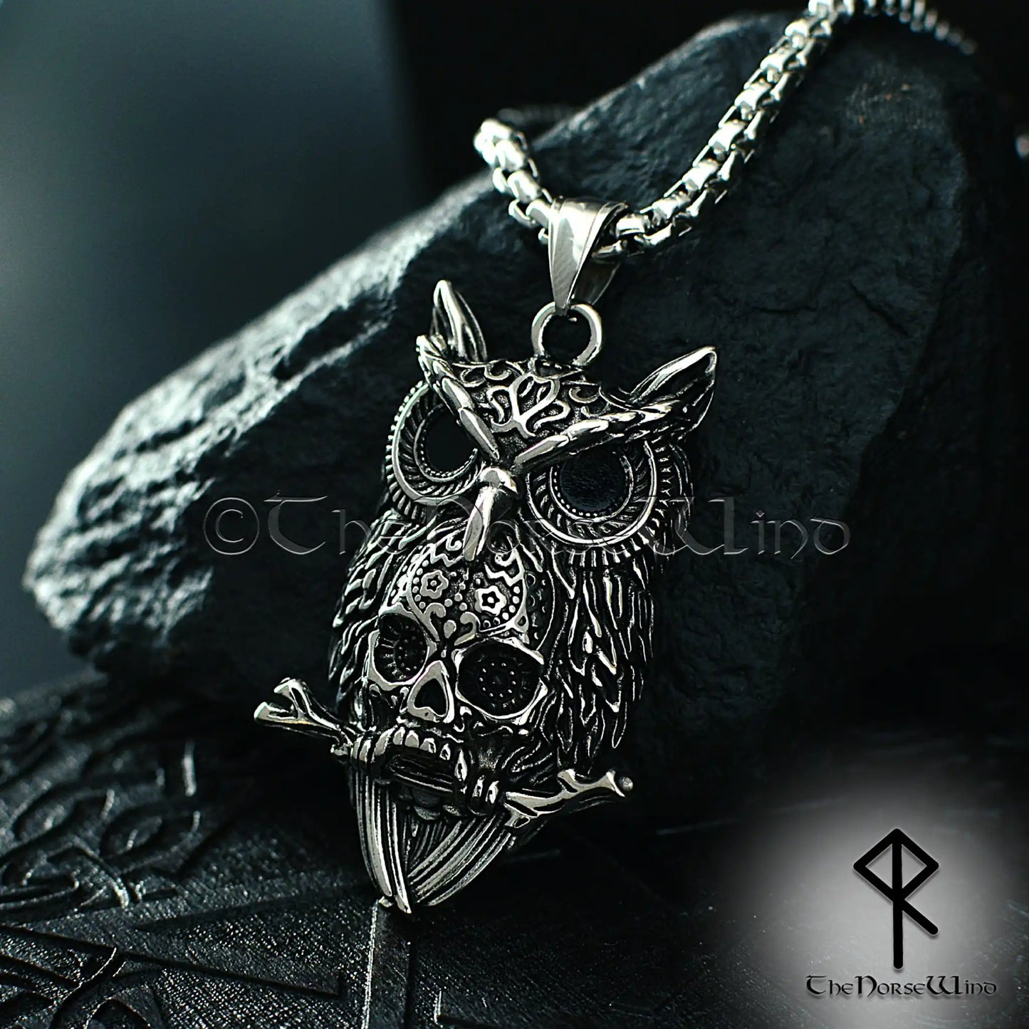 Gothic Owl Skull Necklace, Dark Occult Pendant, Stainless Steel