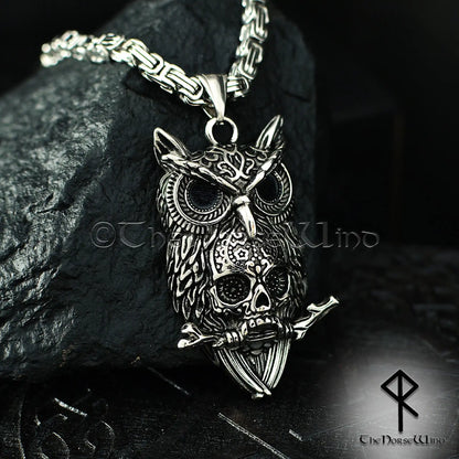 Gothic Owl Skull Necklace, Dark Occult Pendant, Stainless Steel