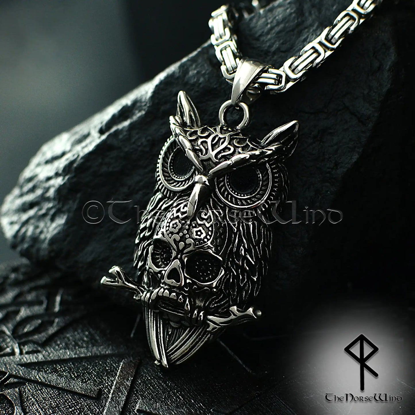 Gothic Owl Skull Necklace, Dark Occult Pendant, Stainless Steel