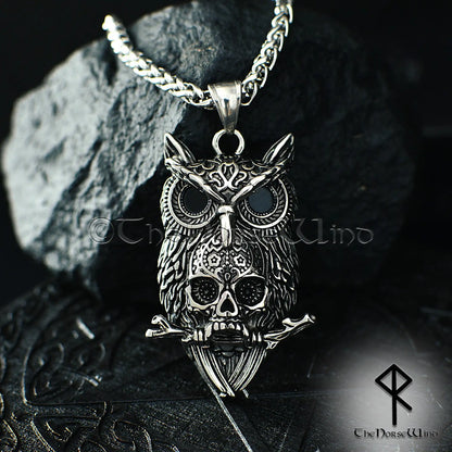 Gothic Owl Skull Necklace, Dark Occult Pendant, Stainless Steel