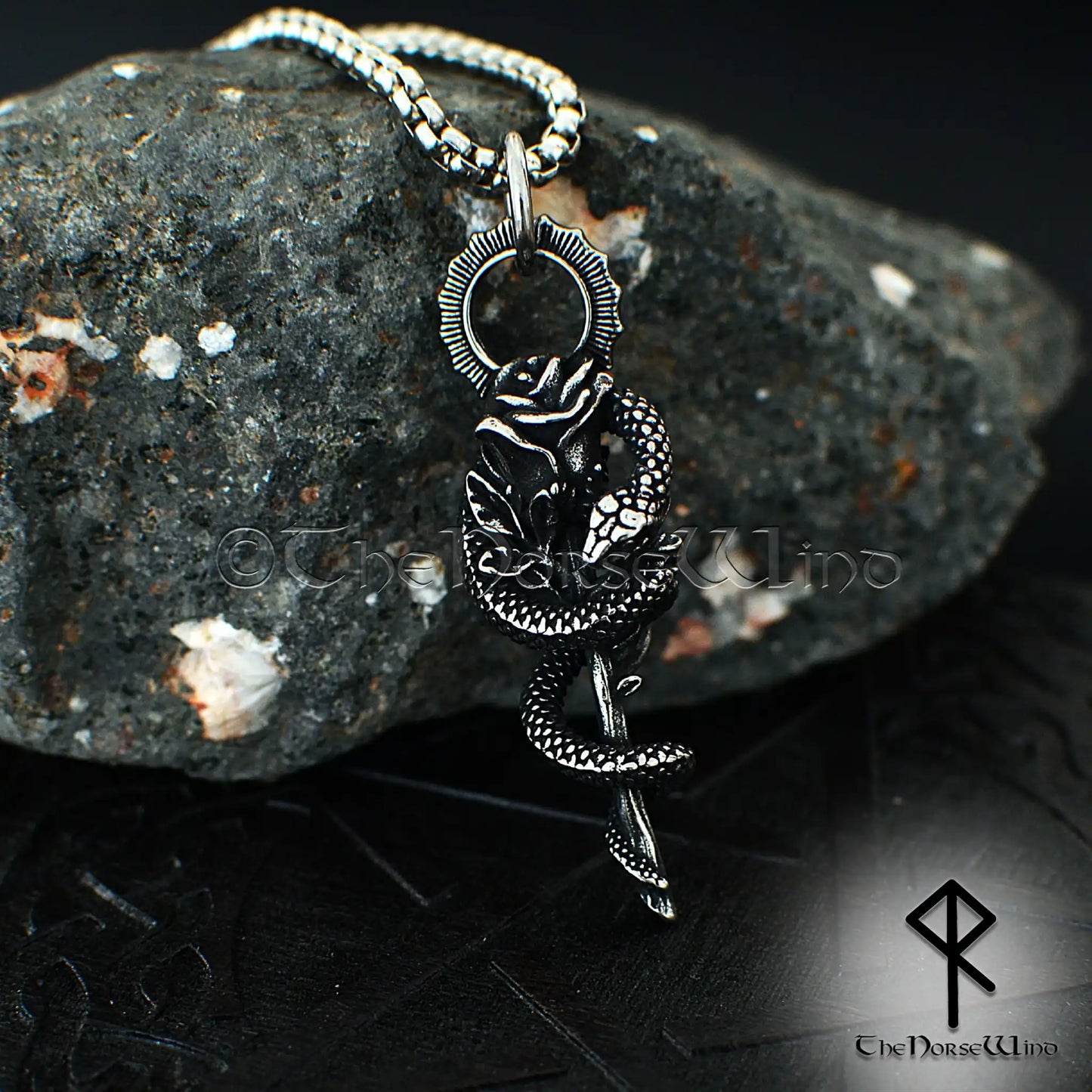 Gothic Snake Rose Necklace – Stainless Steel Serpent & Rose Pendant