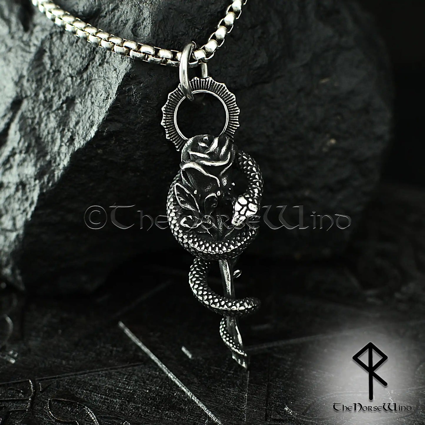 Gothic Snake Rose Necklace – Stainless Steel Serpent & Rose Pendant