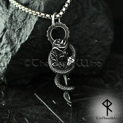 Gothic Snake Rose Necklace – Stainless Steel Serpent & Rose Pendant