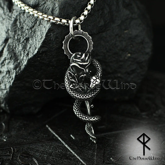 Gothic Snake Rose Necklace – Stainless Steel Serpent & Rose Pendant