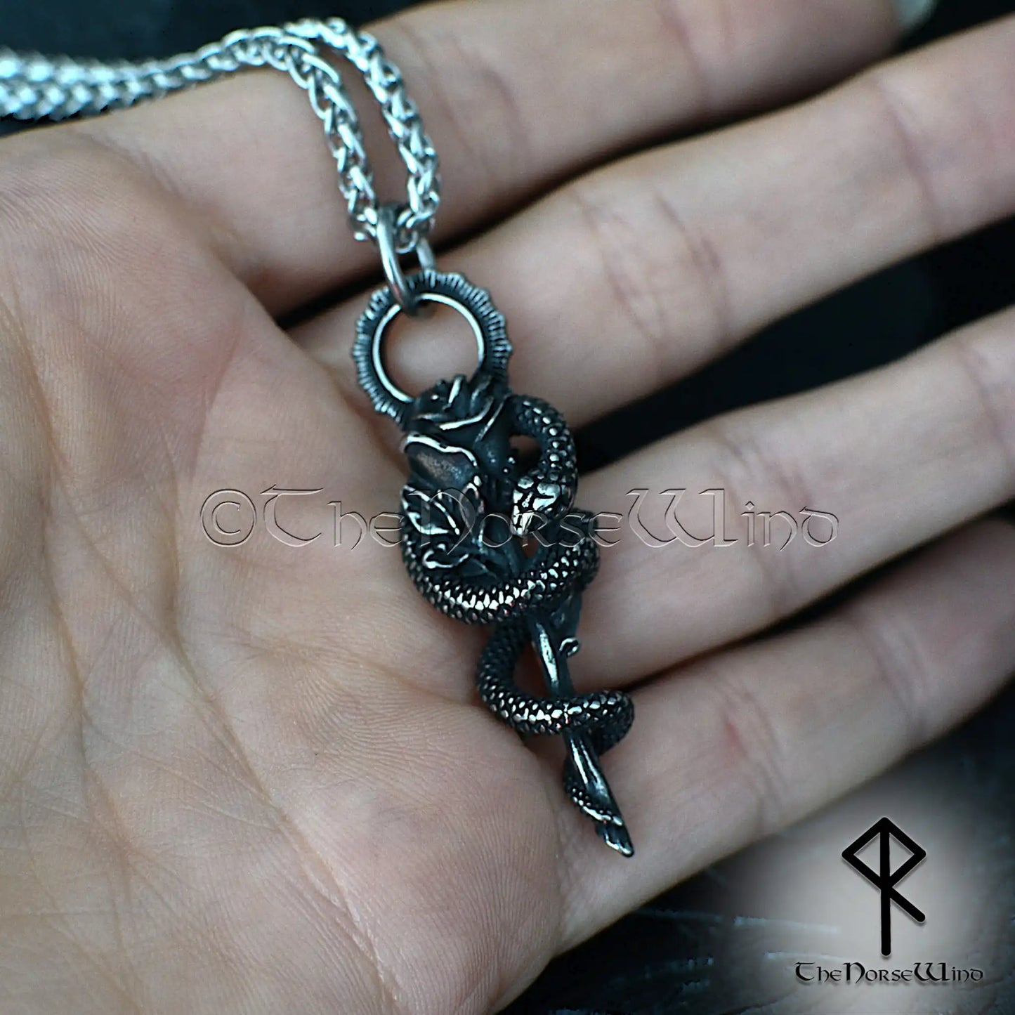 Gothic Snake Rose Necklace – Stainless Steel Serpent & Rose Pendant