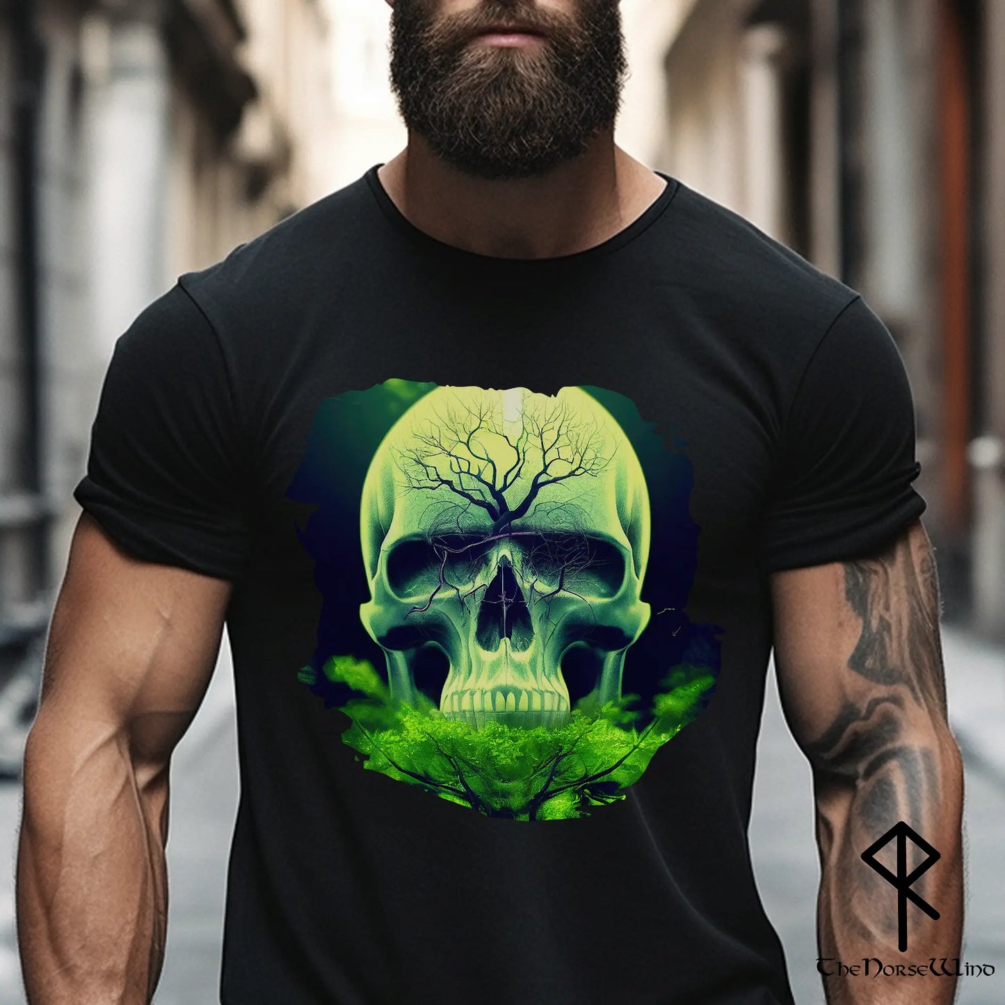 Yggdrasil Green Skull T-Shirt, cooles Wikinger-Shirt, Unisex-Grafik-T-Shirt 