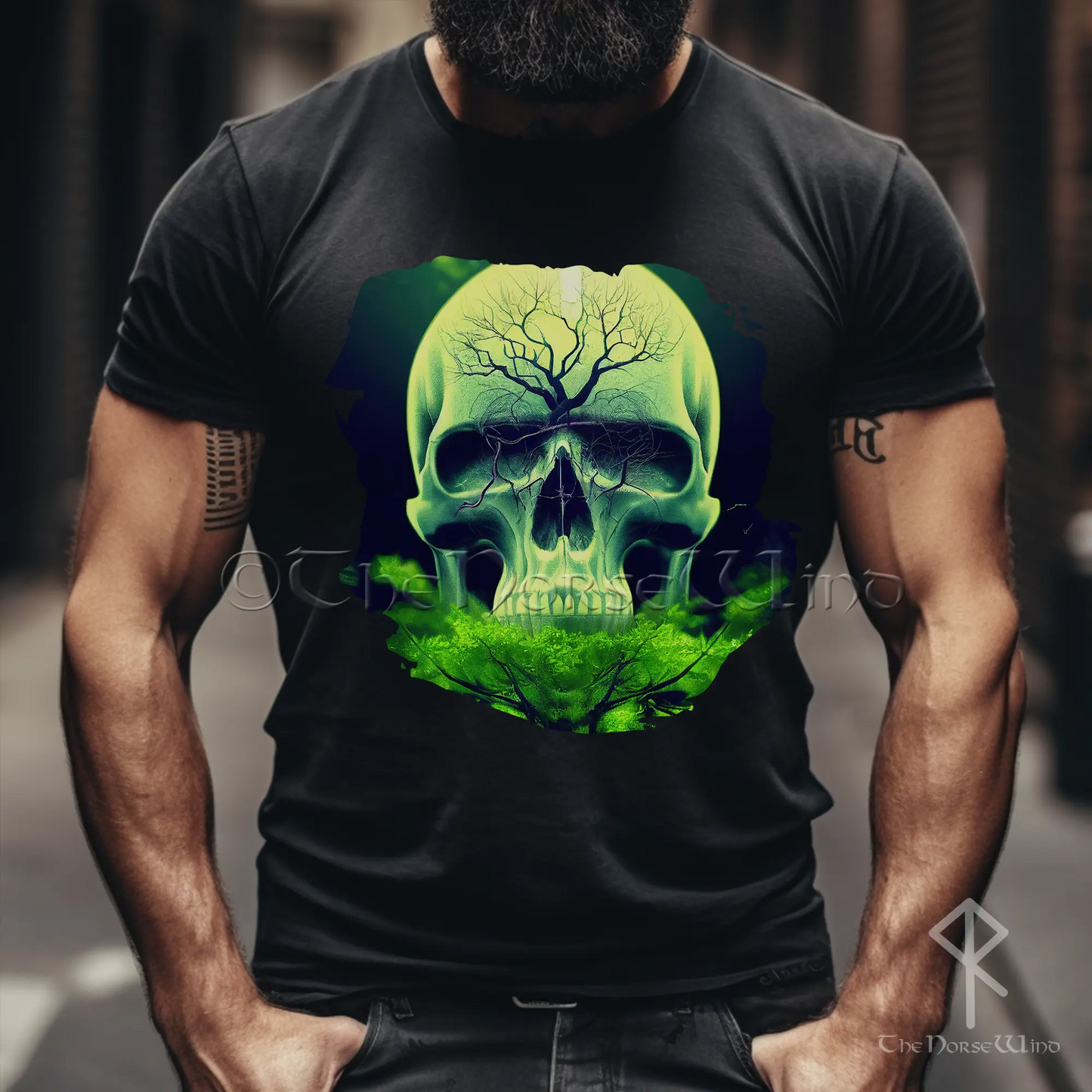 Yggdrasil Green Skull T-Shirt, cooles Wikinger-Shirt, Unisex-Grafik-T-Shirt 