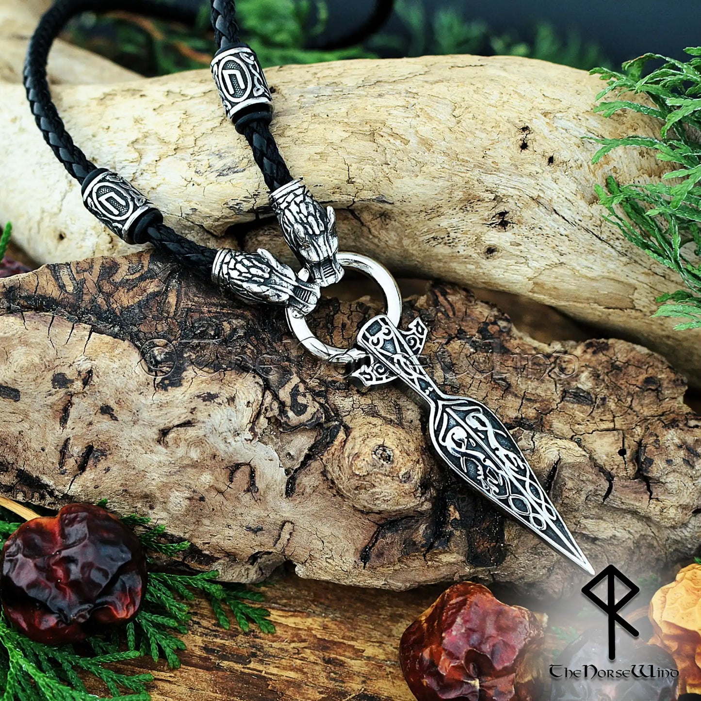 Gungnir Viking Necklace, Odin’s Spear Pendant with Wolf Heads & Runes