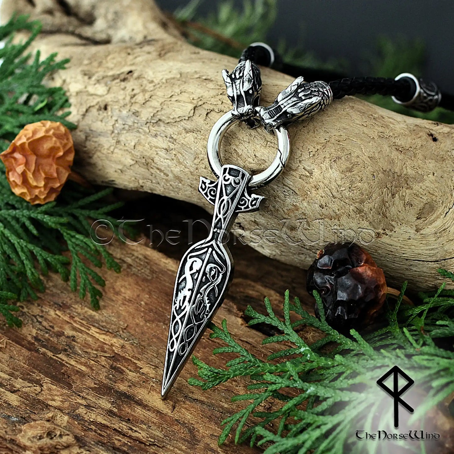 Gungnir Viking Necklace, Odin’s Spear Pendant with Wolf Heads & Runes