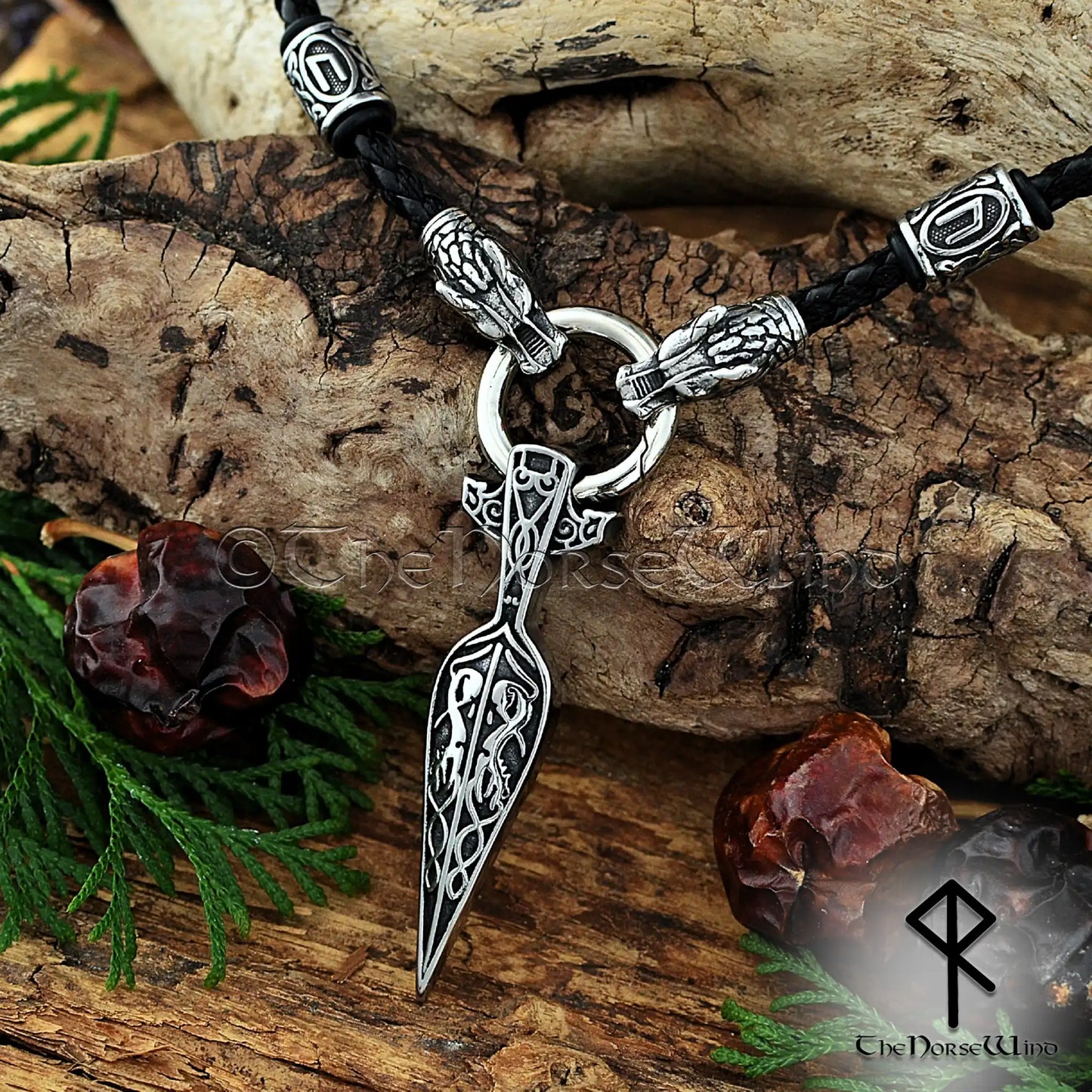 Gungnir Viking Necklace, Odin’s Spear Pendant with Wolf Heads & Runes