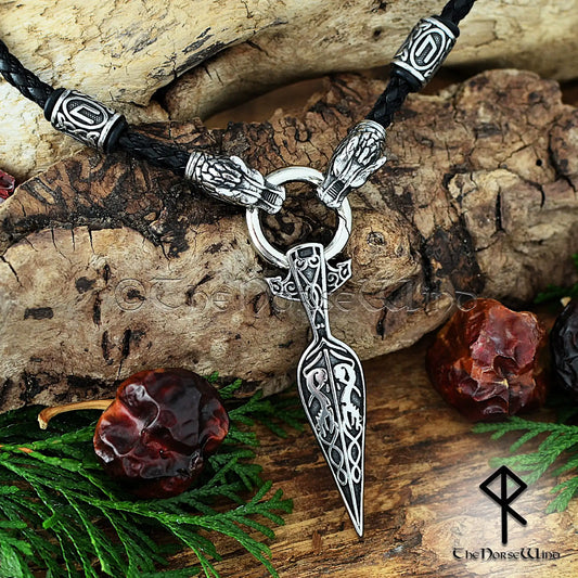 Gungnir Viking Necklace, Odin’s Spear Pendant with Wolf Heads & Runes