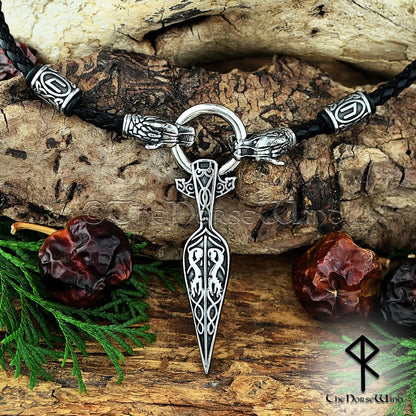 Gungnir Viking Necklace, Odin’s Spear Pendant with Wolf Heads & Runes