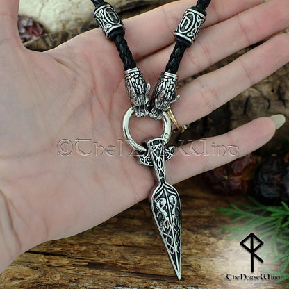 Gungnir Viking Necklace, Odin’s Spear Pendant with Wolf Heads & Runes