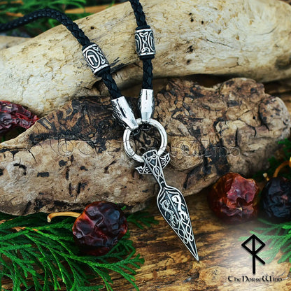 Gungnir Viking Necklace, Odin’s Spear Pendant with Wolf Heads & Runes