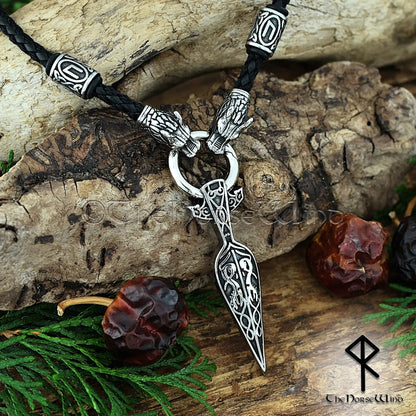 Gungnir Viking Necklace, Odin’s Spear Pendant with Wolf Heads & Runes