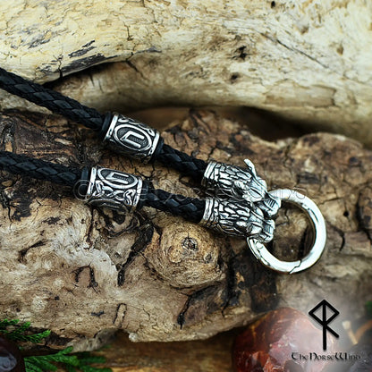 Gungnir Viking Necklace, Odin’s Spear Pendant with Wolf Heads & Runes