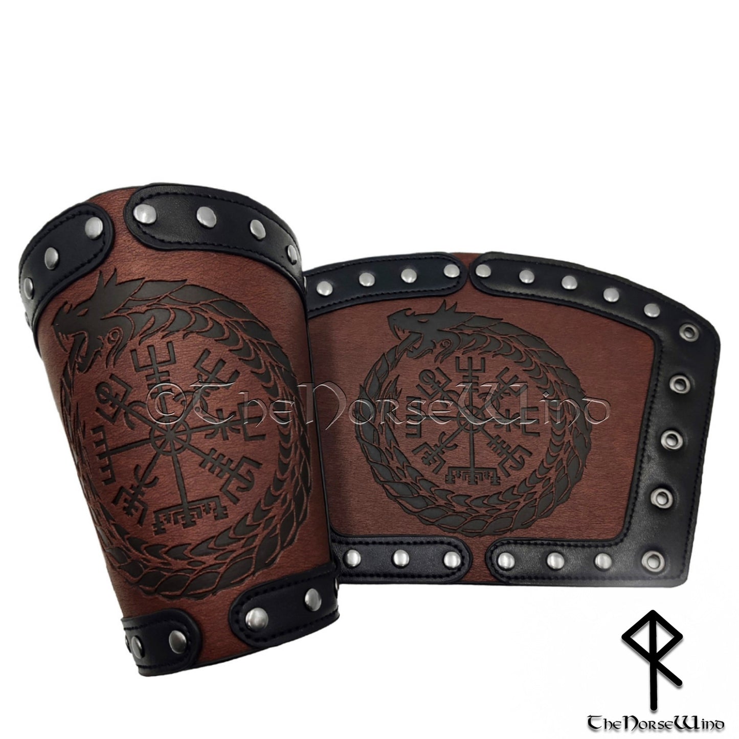 Vegvisir Viking Leather Bracers, Midgard Serpent Arm Guards