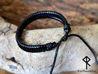 Gothic Viking Braided Leather Bracelet - Adjustable Black Cuff