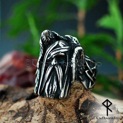 Odin and Ravens Viking Ring - Handcrafted Stainless Steel Norse Jewelry