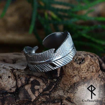 Viking Raven Feather Ring - Adjustable Stainless Steel Band