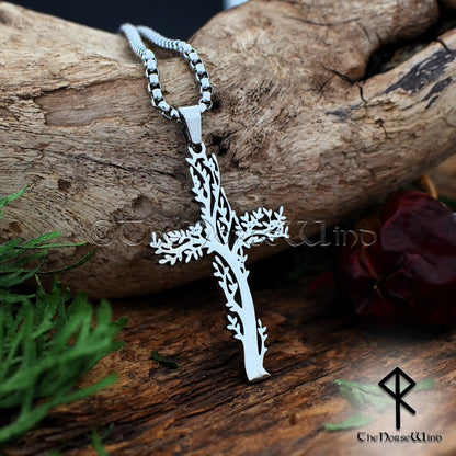 Norse Tree Cross Necklace, Stainless Steel Yggdrasil Viking Pendant