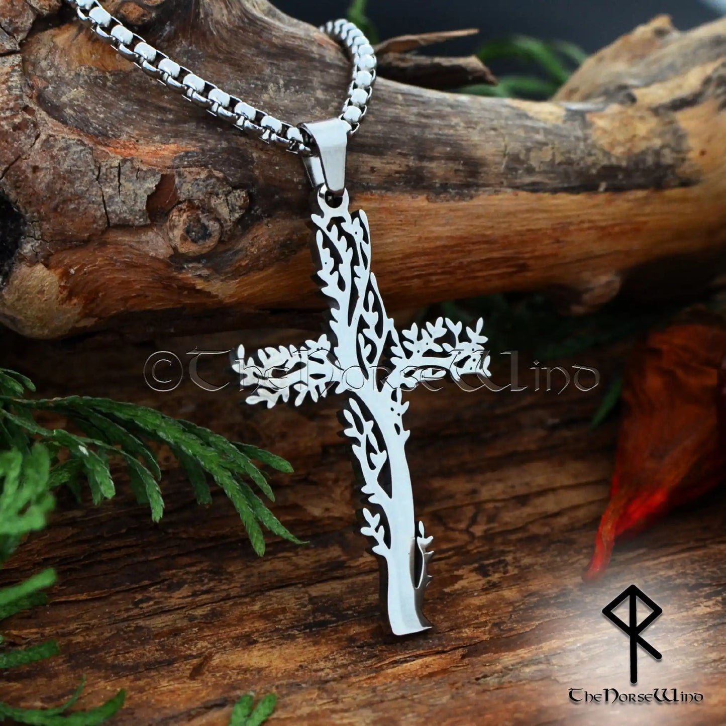 Norse Tree Cross Necklace, Stainless Steel Yggdrasil Viking Pendant