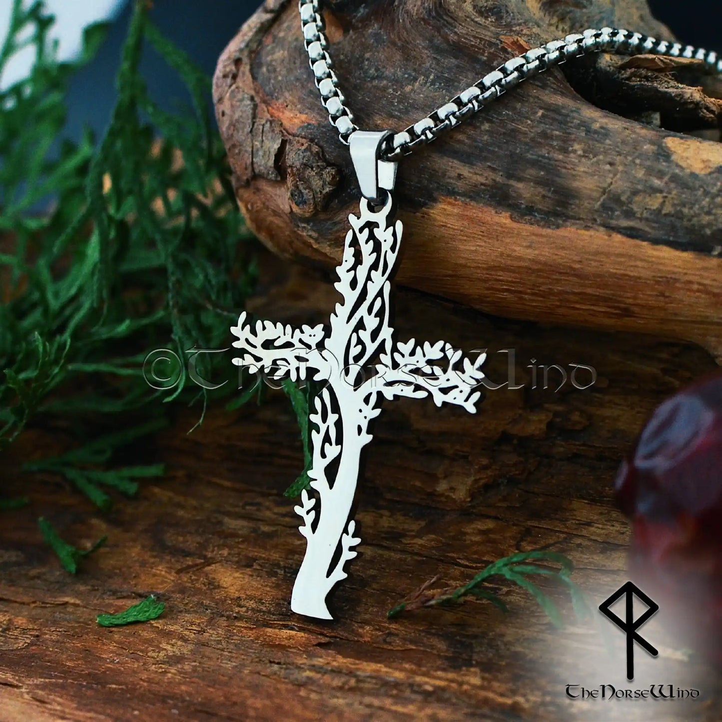 Norse Tree Cross Necklace, Stainless Steel Yggdrasil Viking Pendant