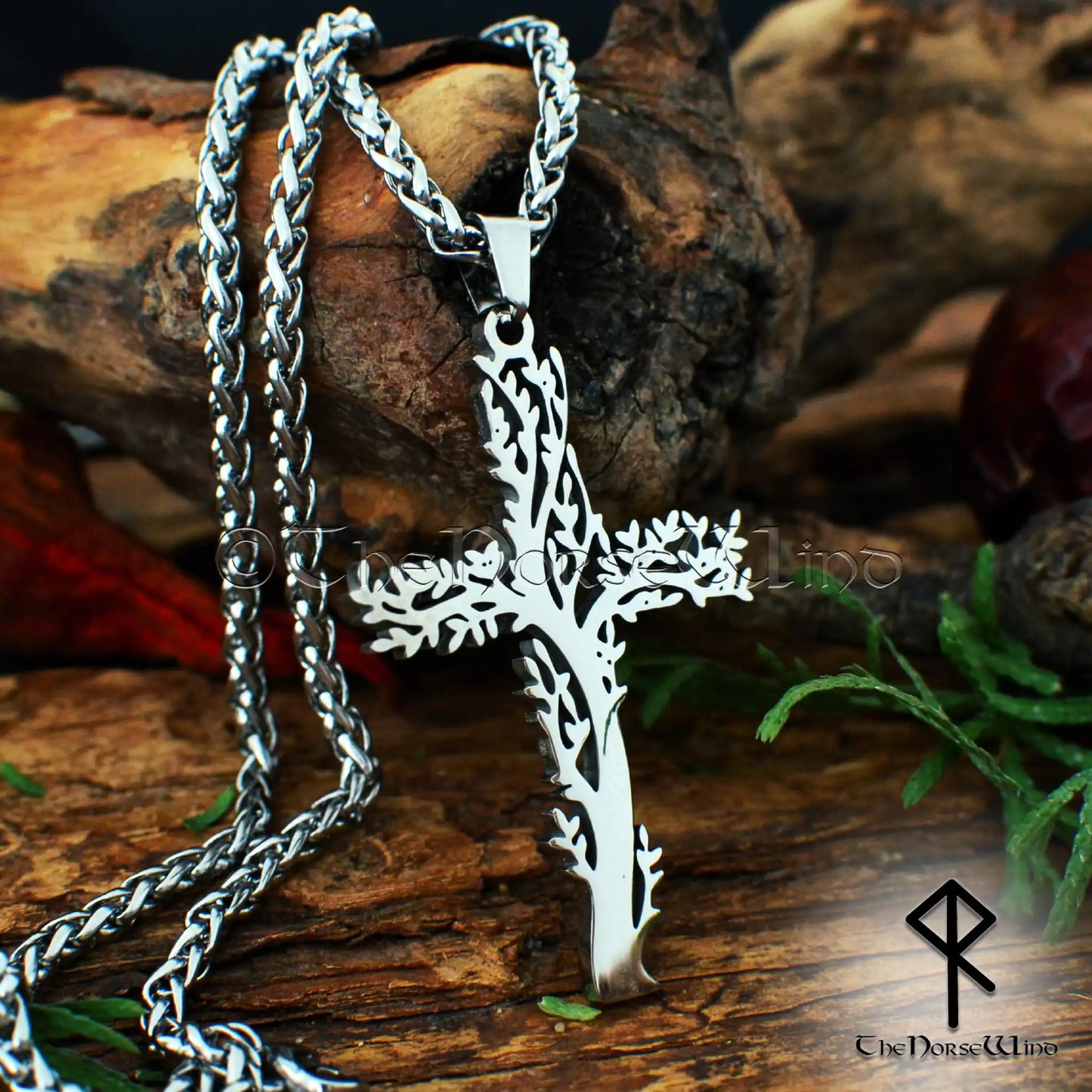 Norse Tree Cross Necklace, Stainless Steel Yggdrasil Viking Pendant