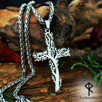 Norse Tree Cross Necklace, Stainless Steel Yggdrasil Viking Pendant