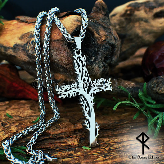 Norse Tree Cross Necklace, Stainless Steel Yggdrasil Viking Pendant