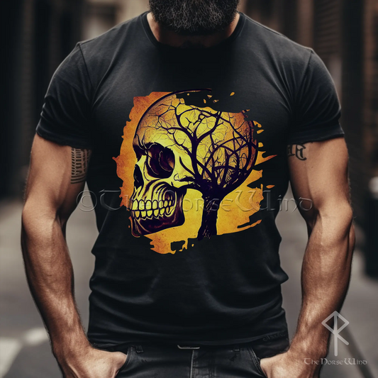 Viking Skull T-Shirt, Yggdrasil Celtic Tree in Fire Cool Viking Shirt, Unisex Motorcycle Tee