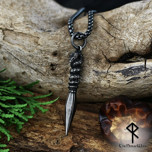 Odin spear Gungnir serpent spearhead pendant on gunmetal box chain