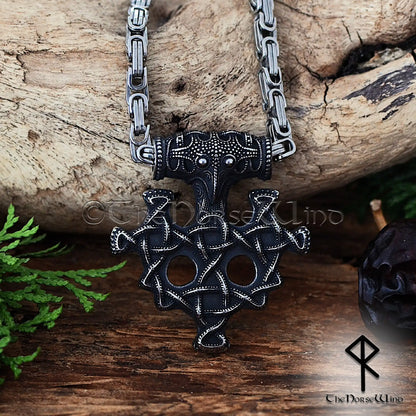 Thor's Hammer Viking Necklace with Raven Head & Celtic Knots