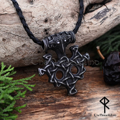 Thor's Hammer Viking Necklace with Raven Head & Celtic Knots