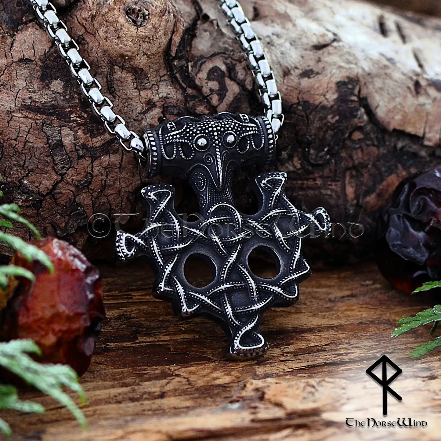 Thor's Hammer Viking Necklace with Raven Head & Celtic Knots