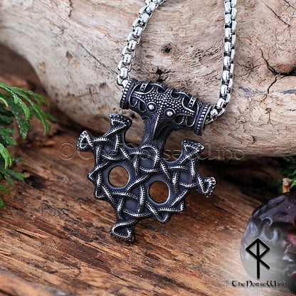 Thor's Hammer Viking Necklace with Raven Head & Celtic Knots