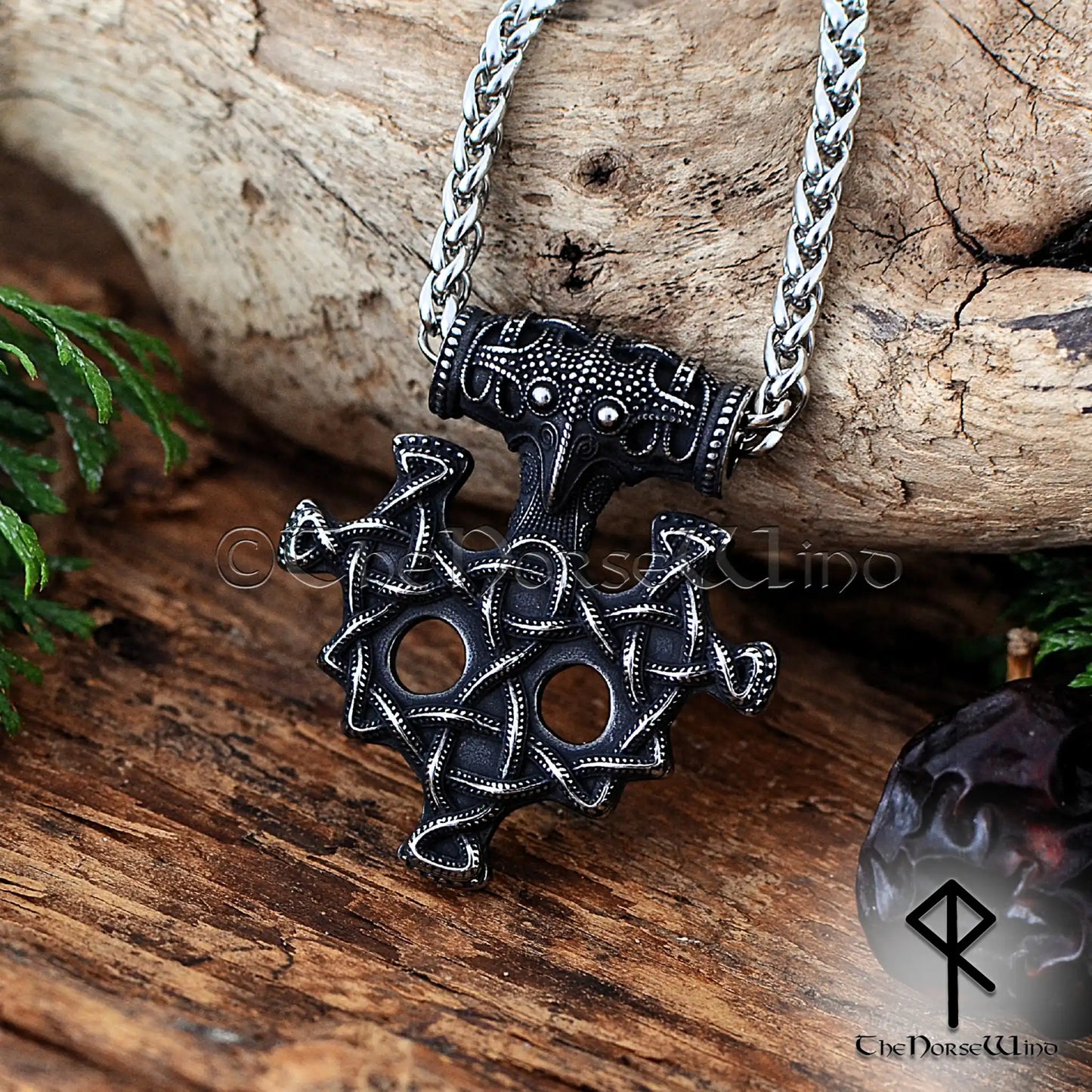 Thor's Hammer Viking Necklace with Raven Head & Celtic Knots