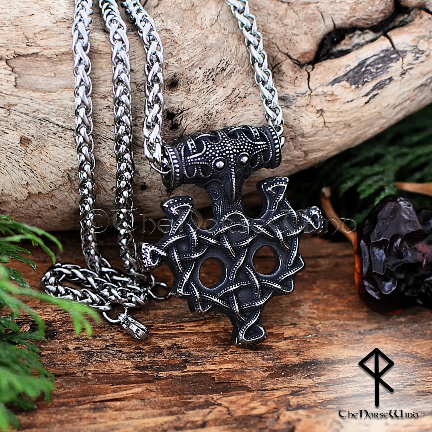 Thor's Hammer Viking Necklace with Raven Head & Celtic Knots