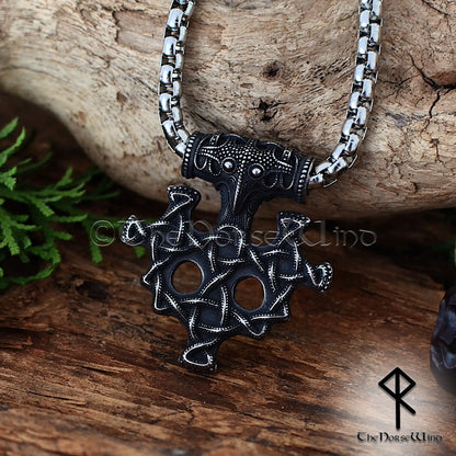 Thor's Hammer Viking Necklace with Raven Head & Celtic Knots