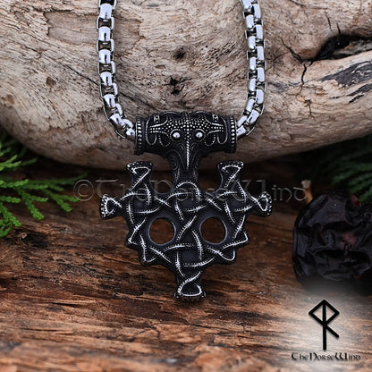 Thor's Hammer Viking Necklace with Raven Head & Celtic Knots