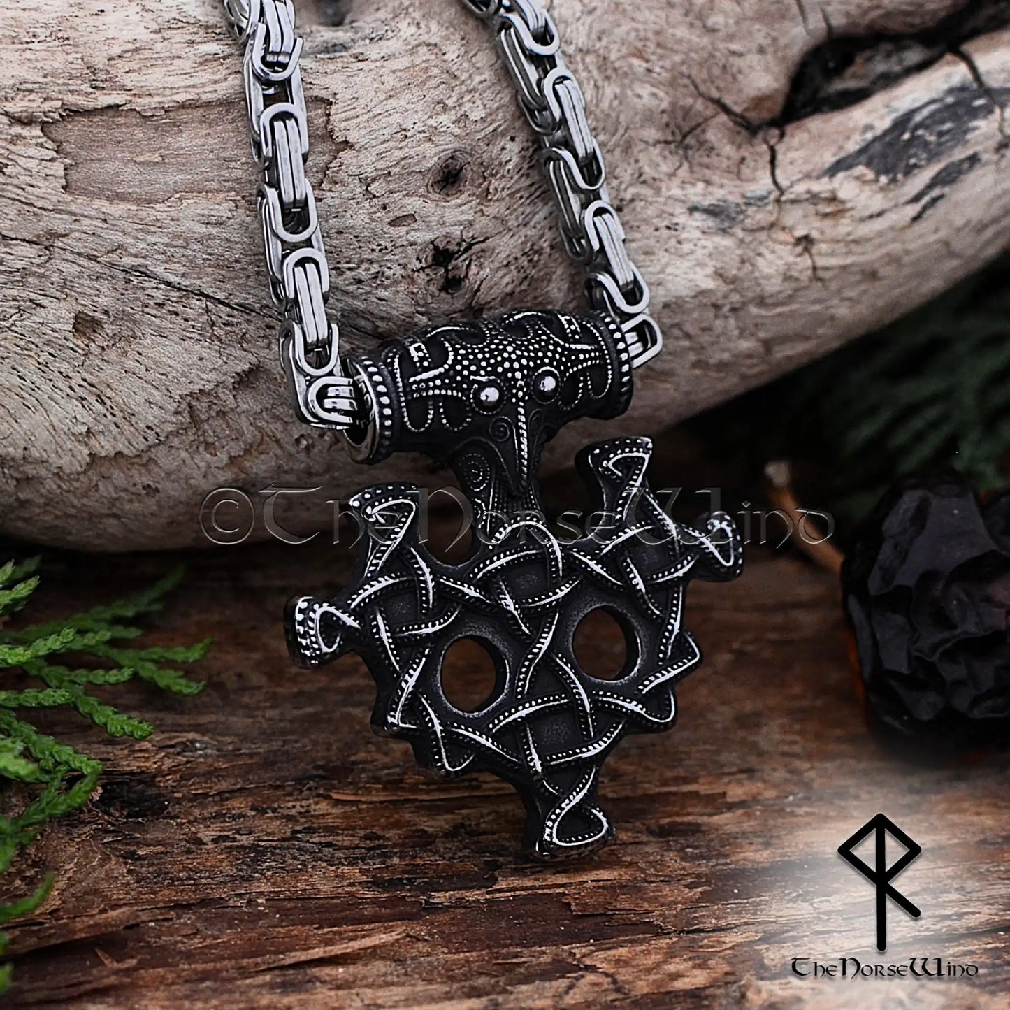 Thor's Hammer Viking Necklace with Raven Head & Celtic Knots